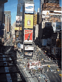 Top left picture is a look down at the corner of Broadway on a quiet Sunday afternoon. Usually the traffic is bumper to bumper.  Top right picture you see the famous Coke sign with the TDF ticket stand in the center of the picture.