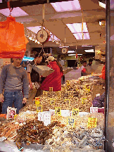 Top left picture you see Canal Street and the busy sidewalks as shoppers look for all of those bargains on jewelry, clothes and perfume. Top right picture you see a fish market on Canal Street.  Watch out the fish is so fresh they move around on the ice.