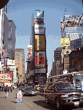 Top left picture of a policeman in Times Square on a horse. Top right picture you see Broadway and Times Square.