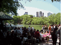 Center right picture you see Bethesda Fountain and Terrace located at the center of the 72nd Street Tranverse Road in Central Park. Bottom right you see people enjoying dining and drinks at the Loeb Boat House Caf.  The skyline of New York's West Side.