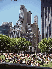 Part of the appeal to Bryant Park is the great views of New York City. Top left you see the crowds of people enjoying a nice day in Bryant Park.