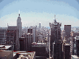 Top right picture you see a skyline view of New York City as seen from a rooftop in midtown.  To the left you see the Empire State Building and in the center, far in the distance, you see the World Trade Center Towers.