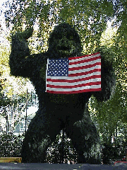 The scariest thing you'll see here today is the picture top right of King Kong. This horticultural King Kong is always at the entrance of Tavern on the Green Restaurant, only now he's letting everyone know he's a proud chest pounding American!