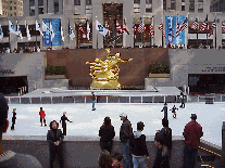 Bottom right picture you see Rockefeller Center and the ice skating rink.  This is where you come early in the morning and see the 