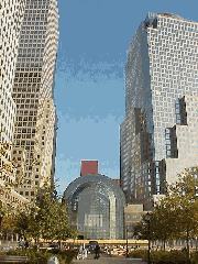 Top right picture you see the glass Atrium Building.  In case you aren't familiar with the site,  the World Trade Twin Towers were right behind the Atrium.