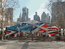 Models and designers from all over the world were in Bryant Park. See the colorful tent where some of the most glamorous models in the world walked the runways. In the background you can see the skyline of New York City's East Side behind Bryant Park.