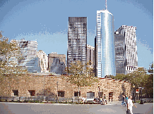 Bottom right picture you see another shot of Battery Park City.  In the foreground is Castle Clinton with the skyline of NYC in the background. Castle Clinton is a real fort, built in 1808.