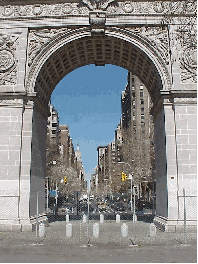 See the arches of Washington Square Park.  Through the arches you see Fifth Avenue.  In the distance to the left is the top of the Empire State Building.  Fifth Avenue is lined with luxury high-rises and famous businesses such as Forbes Magazine.