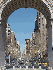 Top right picture you see a very close up shot of the arches of Washington Square Park.  In the distance is Fifth Avenue which is a rather dignified area of the city. Today we are focusing the daily photo tour on the other side of the arches.