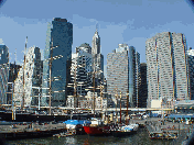 Skyline of downtown NYC at Pier 17 and South Street Seaport