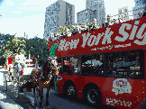 New York Sightseeing Tour bus and a horse and carriage lined up at Grand Army Plaza